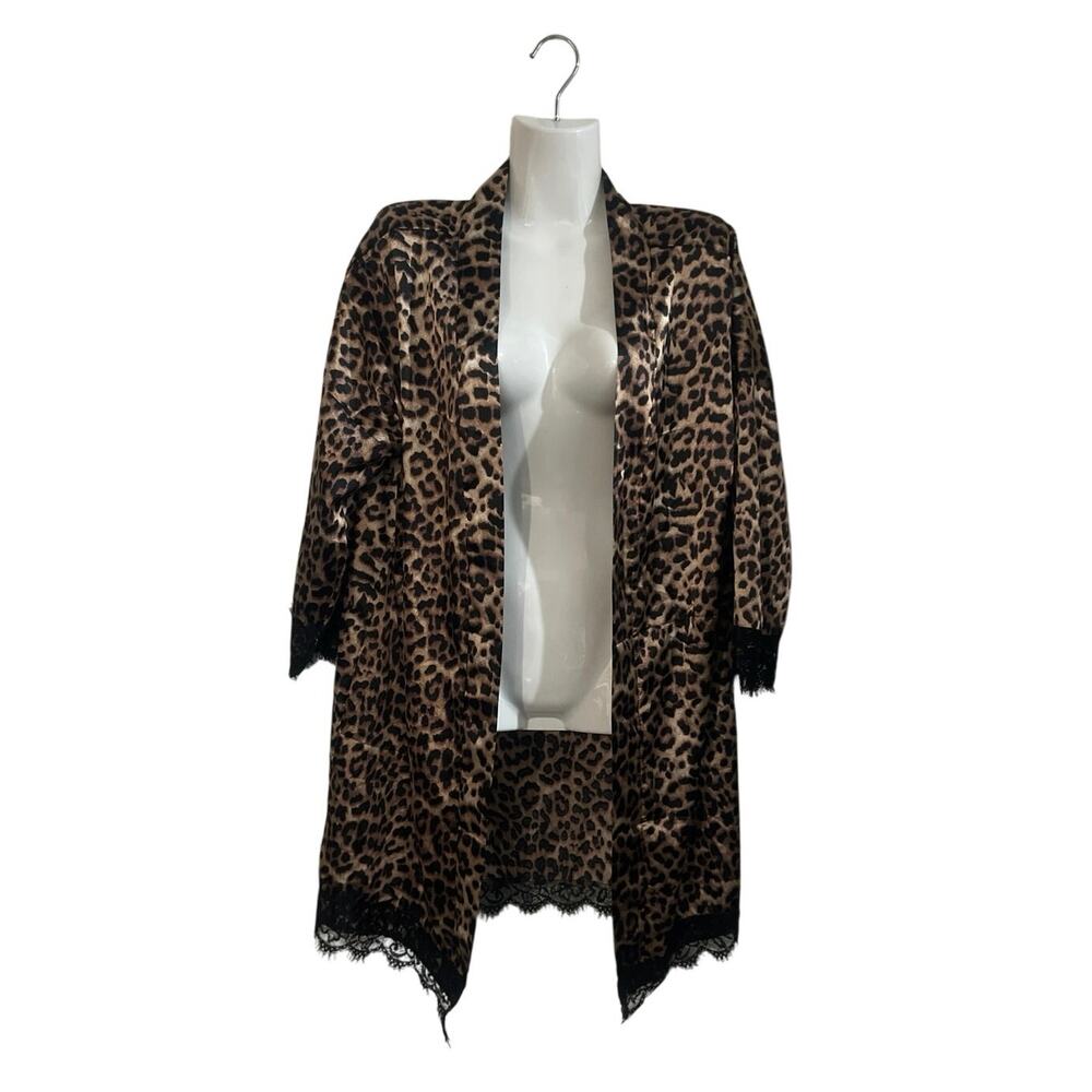Open Front Kimono Style Robe Duster Leopard Print SZ XL Lace Trim Cardigan